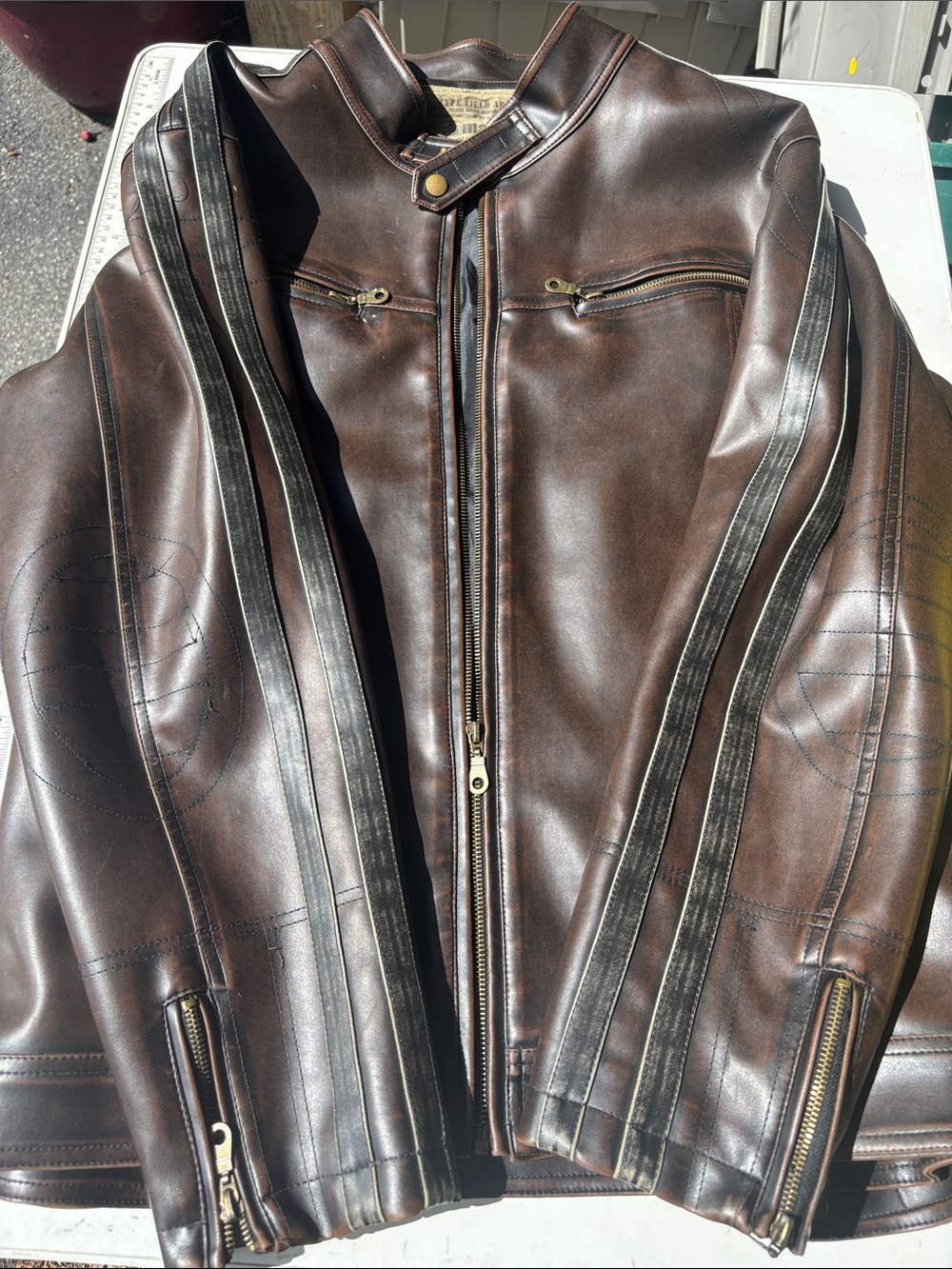 Machine Brown Leather Bomber Jacket with Racing Stripes - Picture 7 of 7